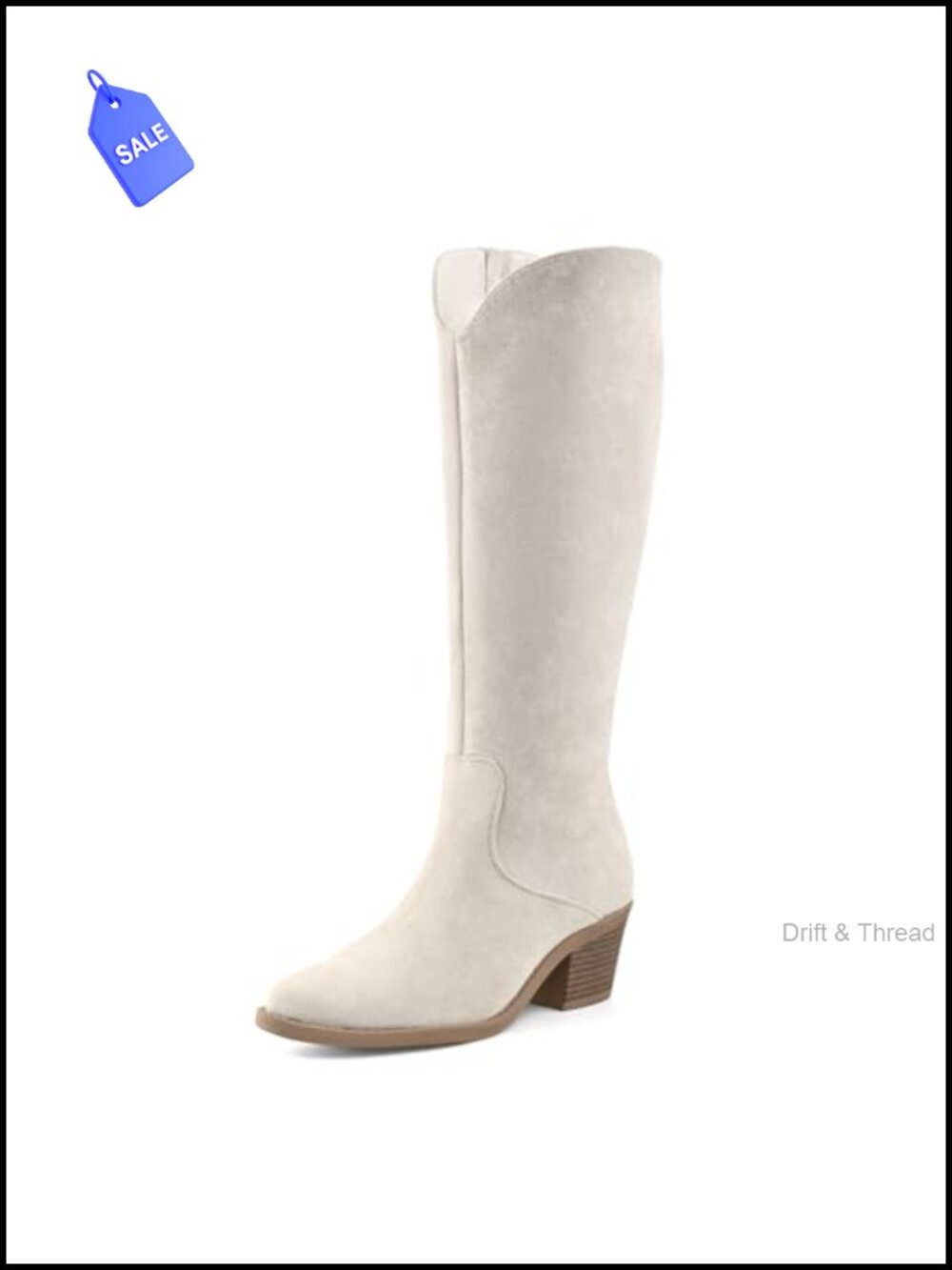Faux Suede Knee High Western Boots Pointed Toe Stacked Heel Zip